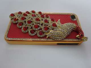 LUXURY Peacock Red Bling Diamond Crystal leather Case Cover for iPhone 