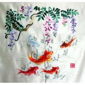  Chinese Silk Embroidery Wall Hanging Fish Flower 