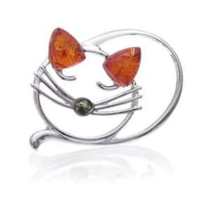  Sterling Silver Amber Sleeping Cat Pin Jewelry