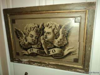 ANTIQUE 19thC French Cupids PUTTI Large WOOD Sign Painting  