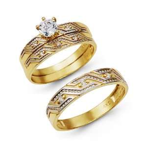  Modern 14k Two Tone Gold CZ Wedding Engagement Ring Set Jewelry