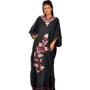 Black Kashmiri Kaftan with Embroidered Flowers in Pink Thread   Pure 