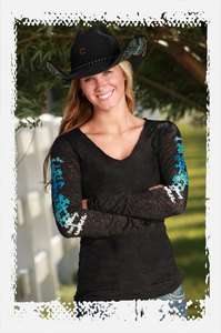 NWT* LADIES COWGIRL TUFF LONG SLEEVE LIGHT BLACK BURNOUT BLING AND 