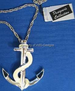 White Blue Nautical Ship Boat Anchor Necklace 6607  