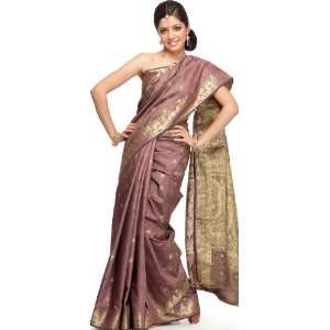  Mauve Tanchoi Sari from Banaras with All Over Thread Weave 