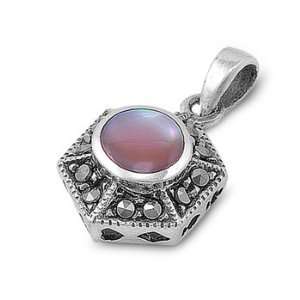   Silver & Mother of Pearl Trigram Shape Marcasite Pendant Jewelry