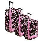 3pc Brown with Pink Peace Signs and Pink Trim Rolling Luggage Set