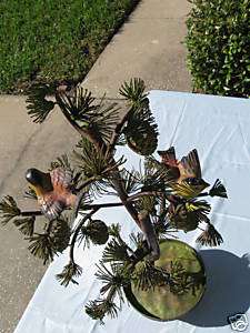 MID CENTURY METAL ART SCULPTURE BONSAI PINE TREE BIRDS  