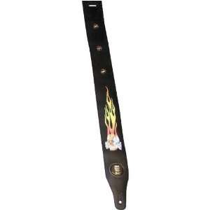  U.S. Blues Black Guitar Strap with Flame and Skull Design 