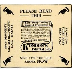  1914 Ad Kondons Catarrhal Jelly Minneapolis Mucus Cold 