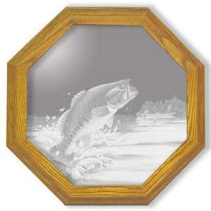  Etched Mirror Jumping Bass Fishing Art in Solid Oak 