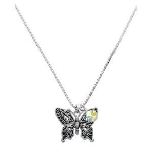 Large Fancy Silver Butterfly Charm Necklace with AB Swarovski Crystal 