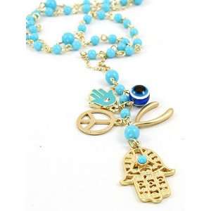   Desinger Inspired Gold with Evil Eye and Hamsa Symbol Necklace Blue