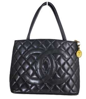   CHANEL Black Caviar Leather Medallion Tote Handbag Purse Bag  