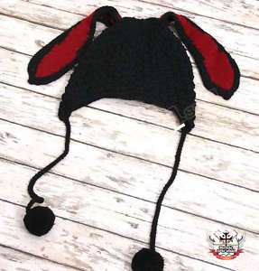 Knitted Black Devil Bunny Rabbit Ear Pom BEANIE HAT CAP  