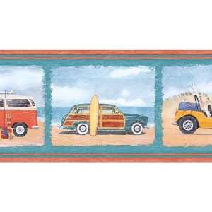    Orange and Blue Beach Cars Wallpaper Border