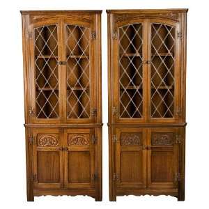  Pair of Antique Oak Leaded Glass Corner Cabinets