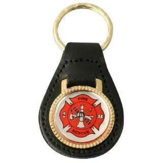   is a new leather key fob it bears fire rescue maltese cross logo this