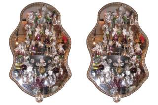 Pair French Mirrored Tole Metal & Crystal Sconces 1920s  