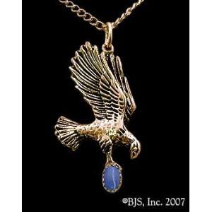  Medium Eagle Necklace with Gem, 14k Yellow Gold, Dark Blue 