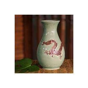  NOVICA Celadon ceramic vase, Dragon Mystery