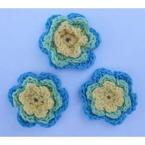  30pc Blue Green Yellow Three Layer Crochet Flowers 