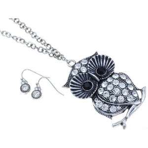  Big Silver Tone Crystal Owl Necklace and Earring Set 
