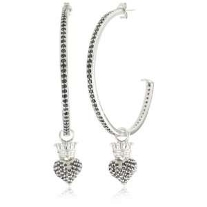  Baby Crowned Hearts Large with Black Pave Cubic Zirconia Hoop Earrings