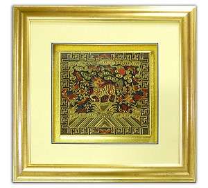 CHINESE GOLD QILIN FRAMED SILK EMBROIDERY Feng Shui Art  