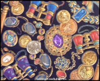 OOP Victorian Vintage Jewelry Coins Fabric FQ 18 x 22  
