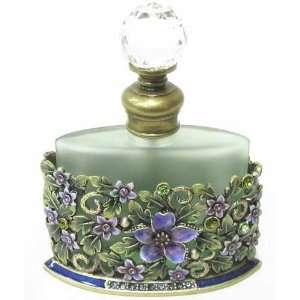   Glass Perfume Bottle Blue Stones Purple Flowers Green