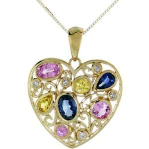   colored Heart Pendant, w/ 2.00 Total Carat Blue, Pink, Yellow & White