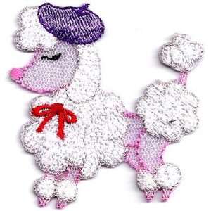 Poodle,White w/Purple Hat ,Red Bow Iron On Embroidered Applique/Red 