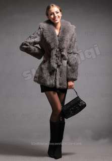   Genuine Rabbit Fur Fox Collar Long Coat Jacket Outwear Women Winter