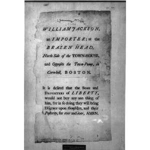   of William Jackson,Brazen Head,Corn Hill,Boston