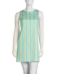JB by Julie Brown Printed Poplin Shift Dress, Turquoise/Yellow  