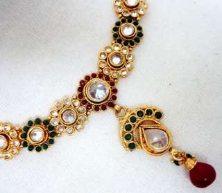 Bollywood Indian Mughal Polki RED GREEN GOLD Drop Earrings Collar 
