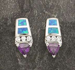 Sterling Silver Blue Opal Inlay Amethyst CZ Post Earrings .925 Inlaid 