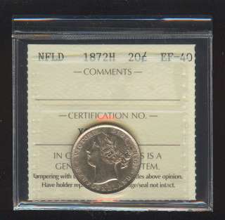 1872H Newfoundland 20 cents ICCS EF40 Bi20  