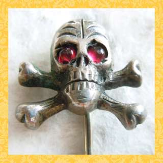 Early 1900s SKULL AND CROSS BONES w/ RED CABOCHON GEM EYES sterling 