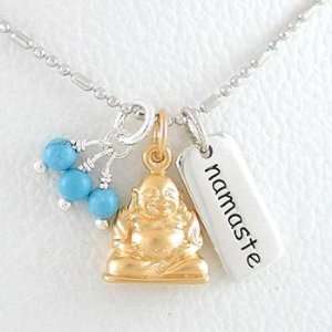 Small Sitting Laughing Buddha Pendant in Gold Vermeil and NAMASTE Tag 