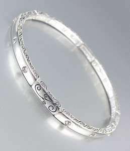   Thin Silver Filigree Design Crystals Stretch Stackable Bracelet