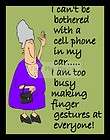 MAGNET Image of Old Woman No Cell Phone in Car Busy Finger Gestures 