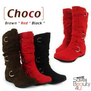 Womens Fashion Classic Mid Calf Faux Leather WIth Buckle Boots   Choco 