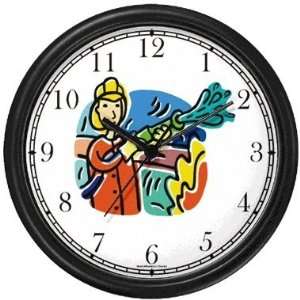  Fireman in Red Suit with Fire Hose Cartoon 1 Wall Clock by 