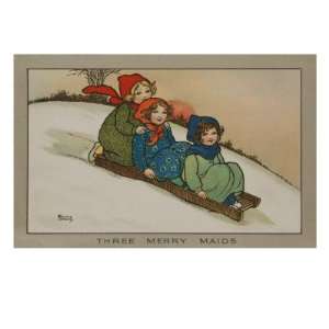  Three Little Girls Sliding Down a Hill on a Wooden Sledge 