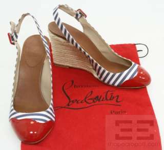   Louboutin Blue & White Striped Canvas & Red Patent Espadrilles, 39 NEW