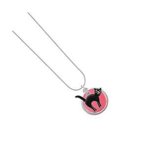 Arching Black Cat Red Pearl Acrylic Pendant Snake Chain Charm Necklace 