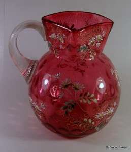 Moser Victorian Cranberry Art Glass Optic Pitcher Daisy & Gold 
