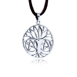 Handmade Tree of Life and Stars Round Silver Pendant Necklace with 